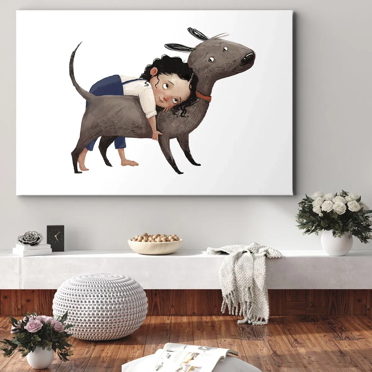 Obraz na plátne - Kreslená ilustrácia dieťaťa objímajúceho psa - 70x50cm - Najlepší priatelia - Moderná nástenná dekorácia do obývacej izby a spálne ARTTOR