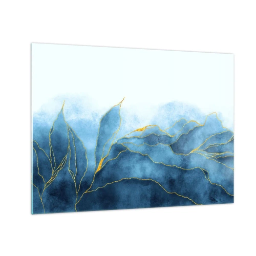 Obraz na skle - Abstraktné modré tvary s jemnými zlatými líniami. - 70x50cm - Blankyt v zlate - Moderná nástenná dekorácia do obývacej izby a spálne ARTTOR