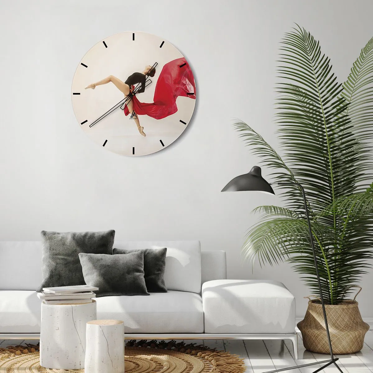 Nástenné hodiny - Tanečník v dynamickej póze s červenou látkou - 30x30cm - Červené a čierne - Moderná nástenná dekorácia do obývacej izby, kuchyne a spálne ARTTOR