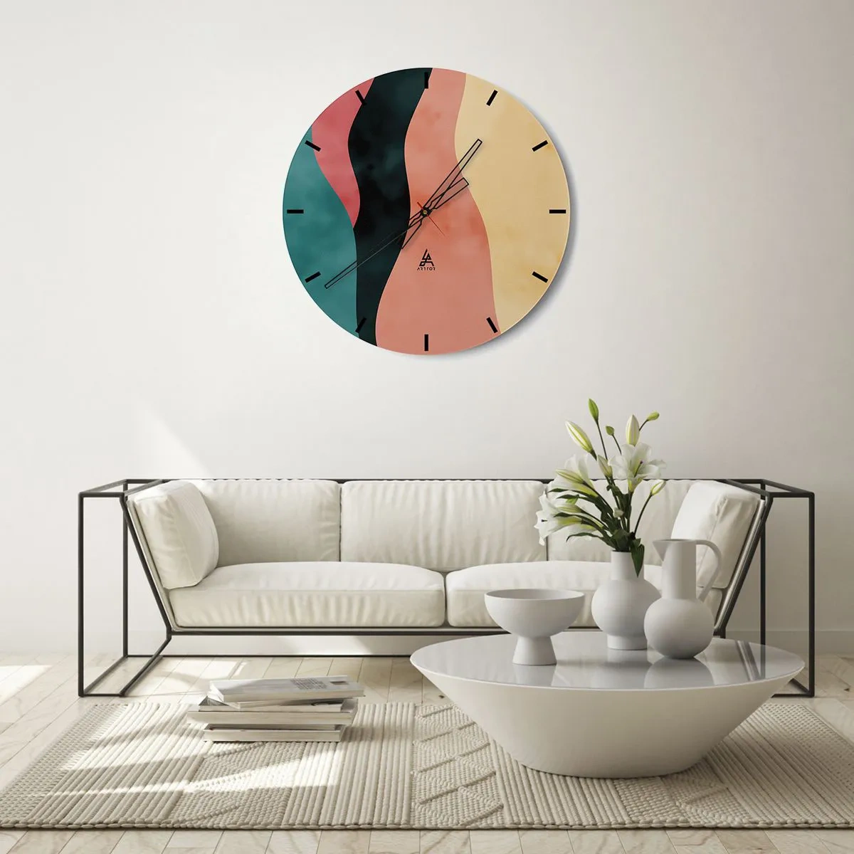 Nástenné hodiny - Farebné vlnité pruhy v odtieňoch tyrkysovej, čiernej, ružovej a žltej - 30x30cm - Kompatibilný nesúlad - Moderná nástenná dekorácia do obývacej izby, kuchyne a spálne ARTTOR