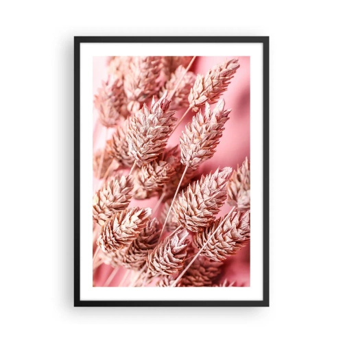 Plagát v čiernom ráme - Detailný záber na sušené klasy obilia na ružovom pozadí - 50x70cm - Kvetinová kaskáda v ružovej - Moderná nástenná dekorácia do obývacej izby a spálne ARTTOR