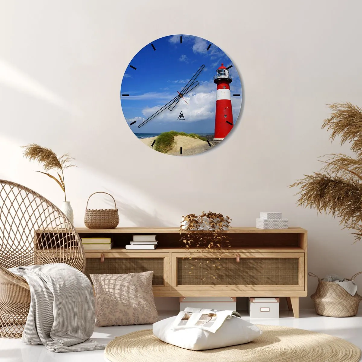 Nástenné hodiny - Červený a biely maják proti modrej oblohe - 30x30cm - Vysnená samota - Moderná nástenná dekorácia do obývacej izby, kuchyne a spálne ARTTOR