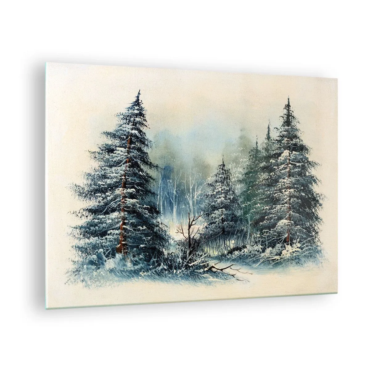 Obraz na skle - Zimný les so zasneženými stromami na pozadí oblohy - 70x50cm - Pripravenie na Vianoce - Moderná nástenná dekorácia do obývacej izby a spálne ARTTOR