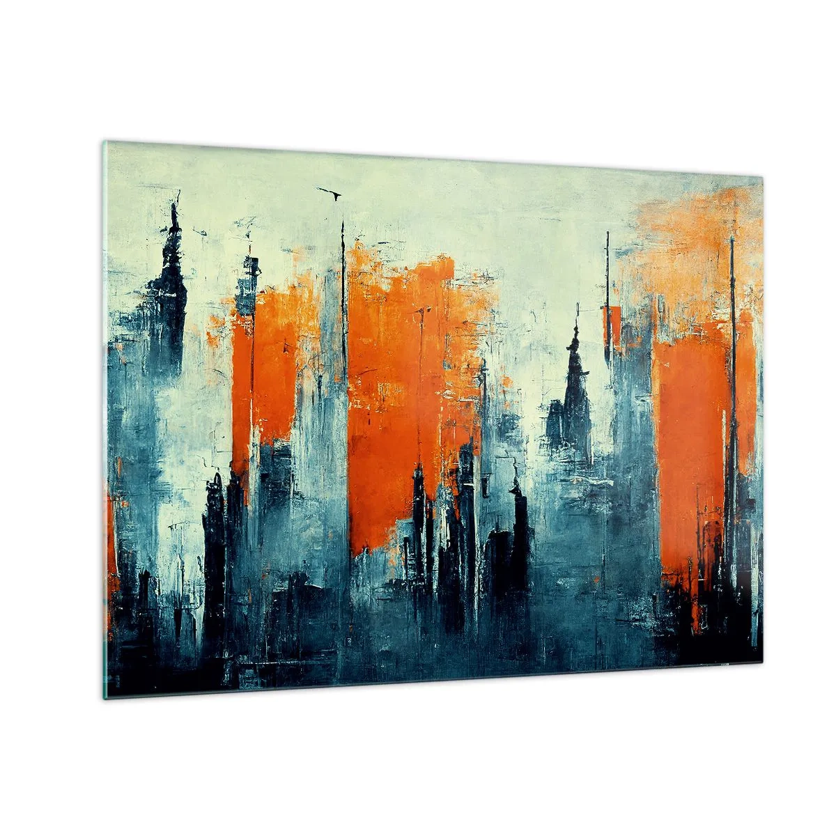 Obraz na skle - Moderná panoráma mesta v odtieňoch sivej a oranžovej - 70x50cm - Moderná krajina - Moderná nástenná dekorácia do obývacej izby a spálne ARTTOR