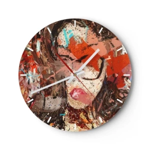 Nástenné hodiny - Abstraktný portrét ženy s intenzívnymi farbami - 30x30cm - Aká si skutočne nikto nevie - Moderná nástenná dekorácia do obývacej izby, kuchyne a spálne ARTTOR