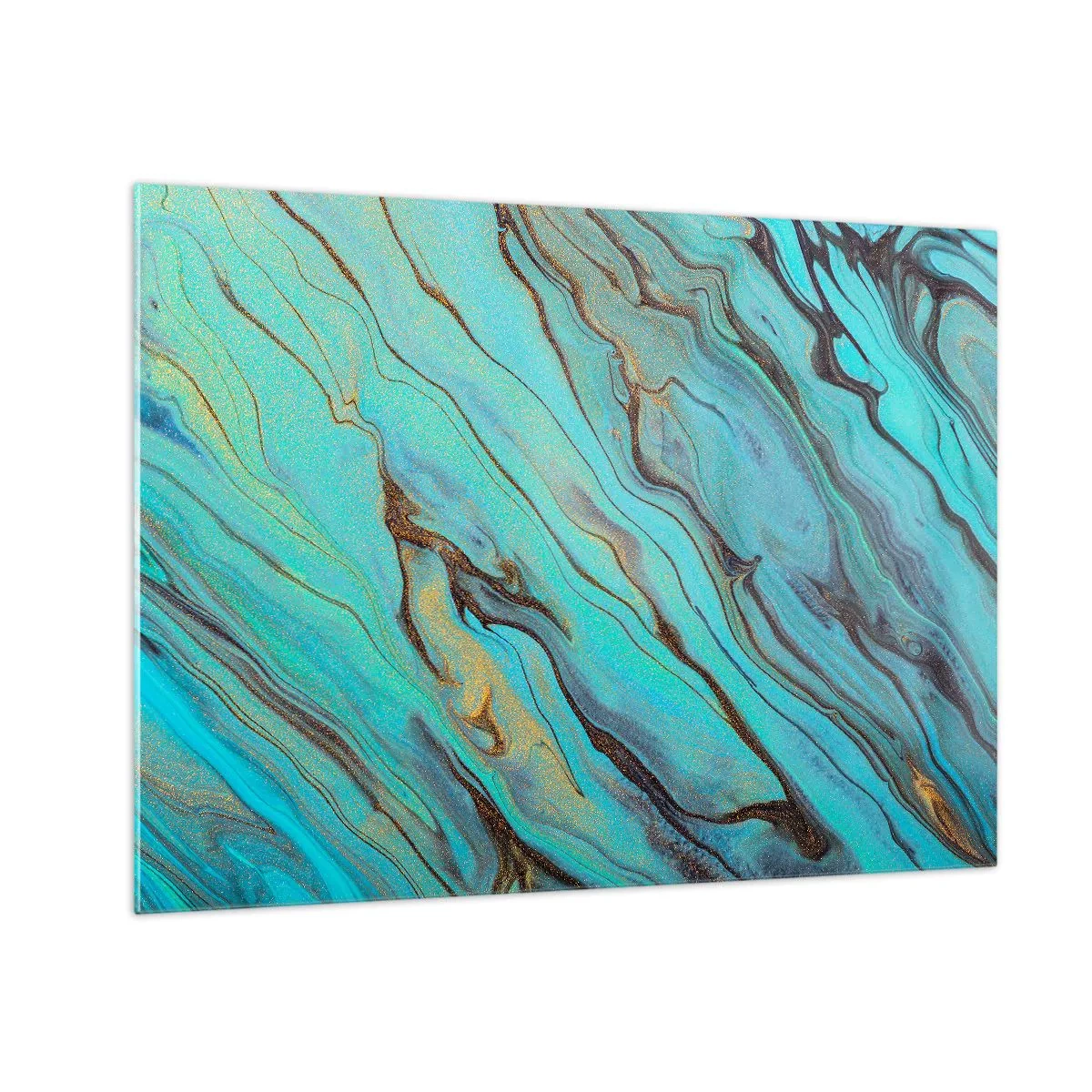 Obraz na skle - Abstraktné pruhy v tyrkysovej a zlatej farbe - 70x50cm - Tyrkysový príliv - Moderná nástenná dekorácia do obývacej izby a spálne ARTTOR