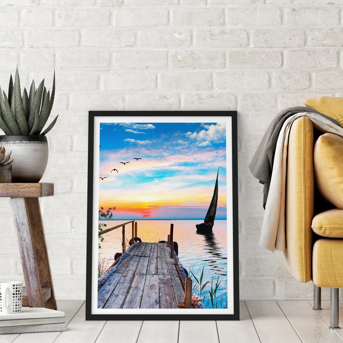 Plagát v čiernom ráme - Mólo pri jazere pri západe slnka - 50x70cm - Dobrý večer - Moderná nástenná dekorácia do obývacej izby a spálne ARTTOR