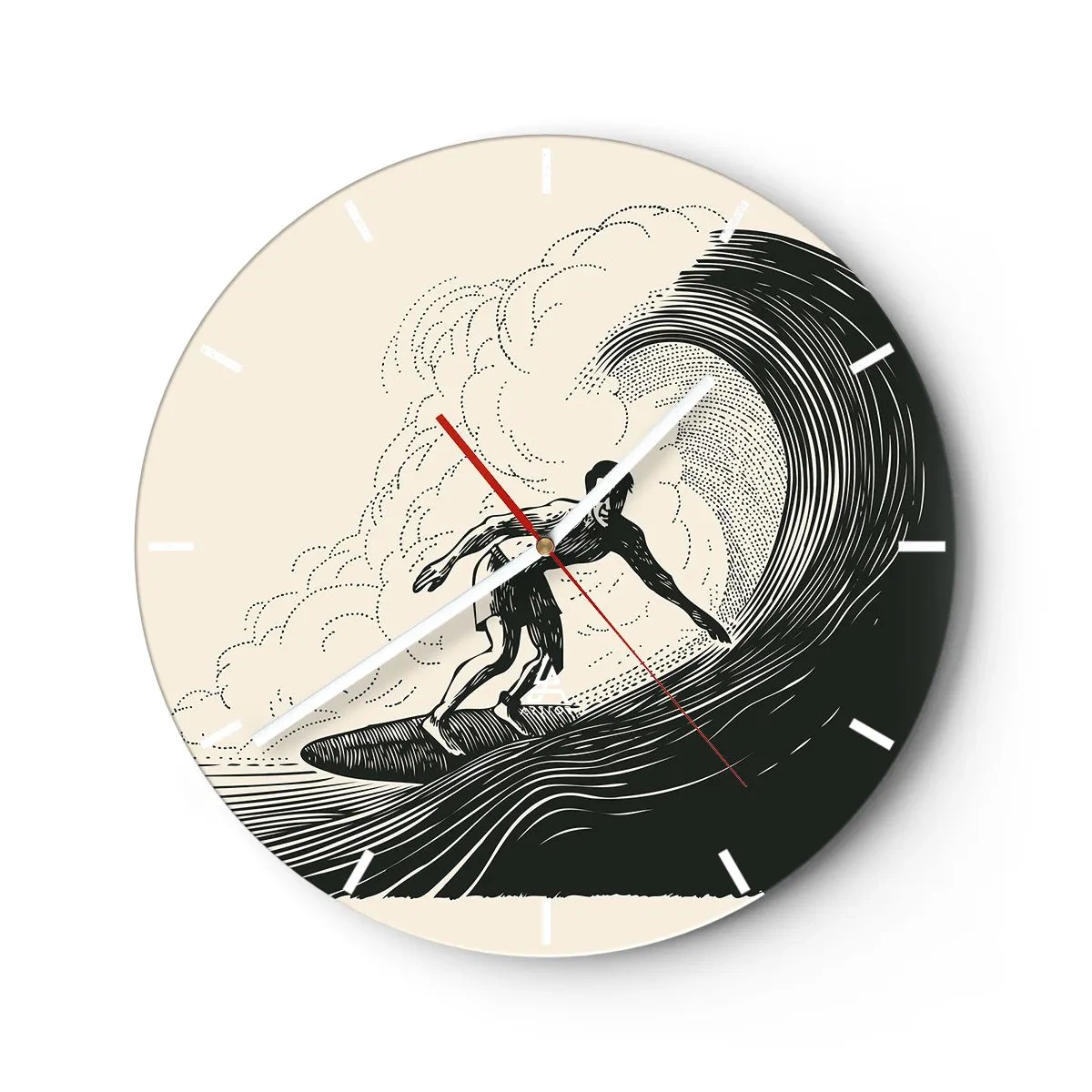 Nástenné hodiny - Surfer na retro vlne - 30x30cm - Kráľ vĺn - Moderná nástenná dekorácia do obývacej izby, kuchyne a spálne ARTTOR