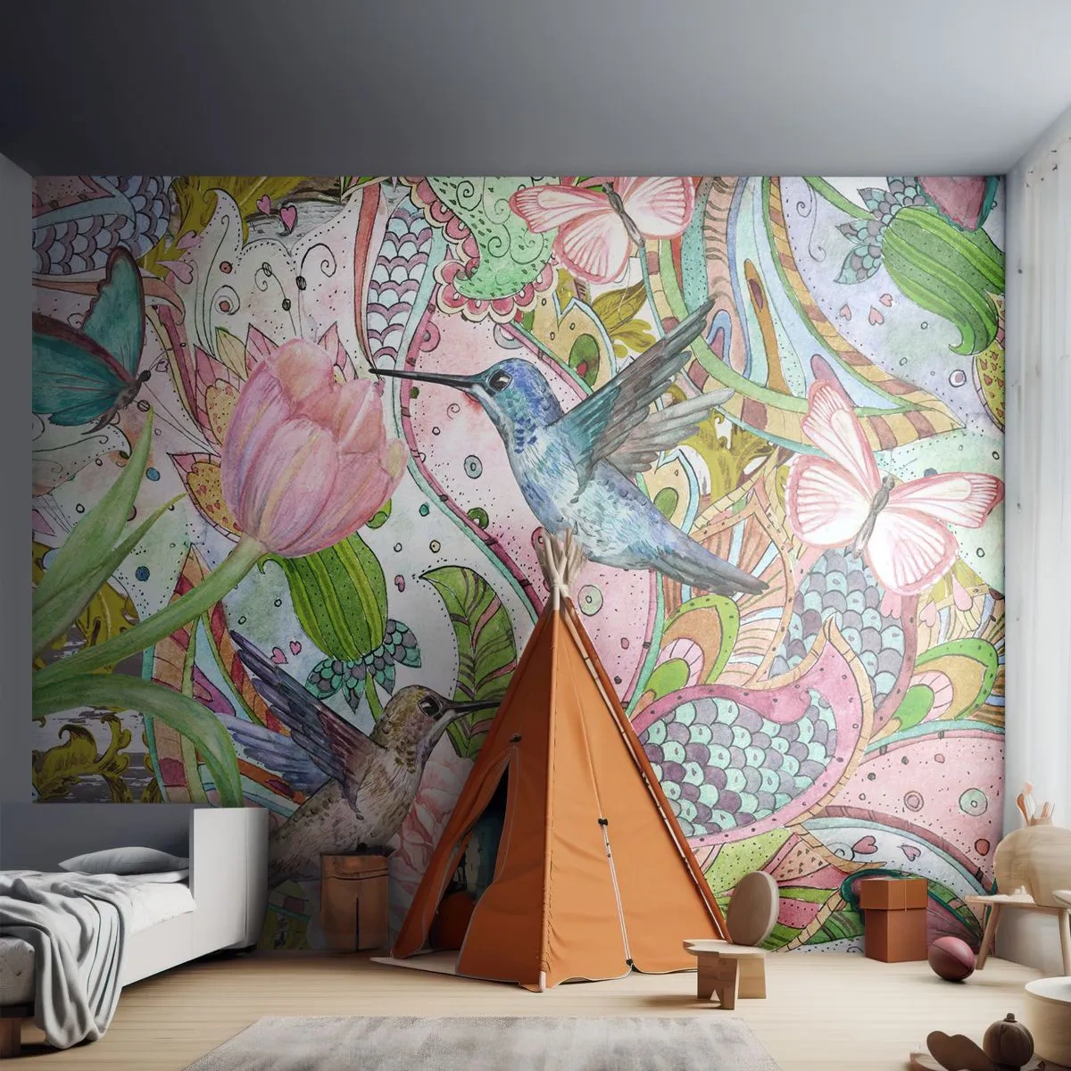 Fototapeta Premium Canvas - Zamotané do lián - Kvety, Vták, Motýľ - 400x280 cm