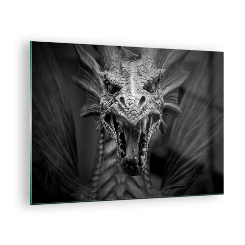 Obraz na skle - Detailný portrét draka v čiernobielej farbe - 70x50cm - Rozprávkový drak v šedi - Moderná nástenná dekorácia do obývacej izby a spálne ARTTOR