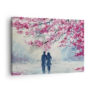 Obraz na plátne - Pár pod kvitnúcimi ružovými stromami v romantickom prostredí - 70x50cm - Romantická prechádzka - Moderná nástenná dekorácia do obývacej izby a spálne ARTTOR