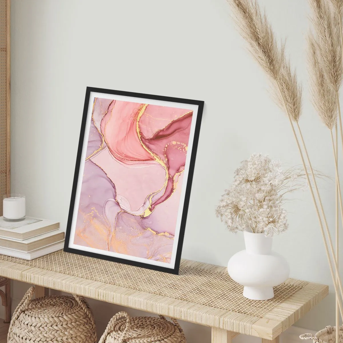 Plagát v čiernom ráme - Abstraktná kombinácia pastelových odtieňov so zlatými akcentmi. - 50x70cm - Maznanie farieb - Moderná nástenná dekorácia do obývacej izby a spálne ARTTOR