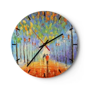 Nástenné hodiny - Farebná aleja so stromami a osobou kráčajúcou v diaľke - 30x30cm - Nočná pieseň dažďa - Moderná nástenná dekorácia do obývacej izby, kuchyne a spálne ARTTOR