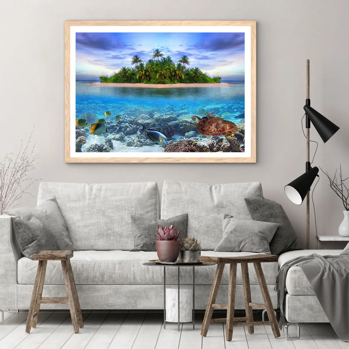 Plagát v ráme zo svetlého duba - Nebeský ostrov pozýva - 91x61 cm
