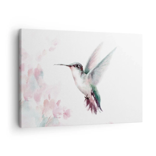 Obraz na plátne - Kolibrík v jemných pastelových farbách na pozadí kvetov - 70x50cm - Mávanie - Moderná nástenná dekorácia do obývacej izby a spálne ARTTOR