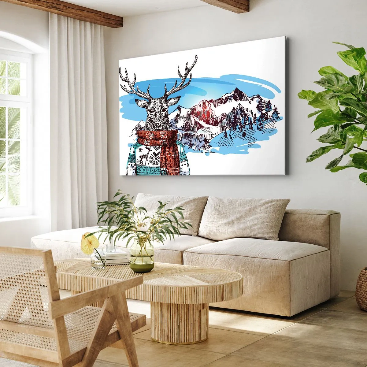 Obraz na plátne - Jeleň v zimnom svetri na pozadí horskej krajiny - 70x50cm - Ani jeleň nemrzne - Moderná nástenná dekorácia do obývacej izby a spálne ARTTOR