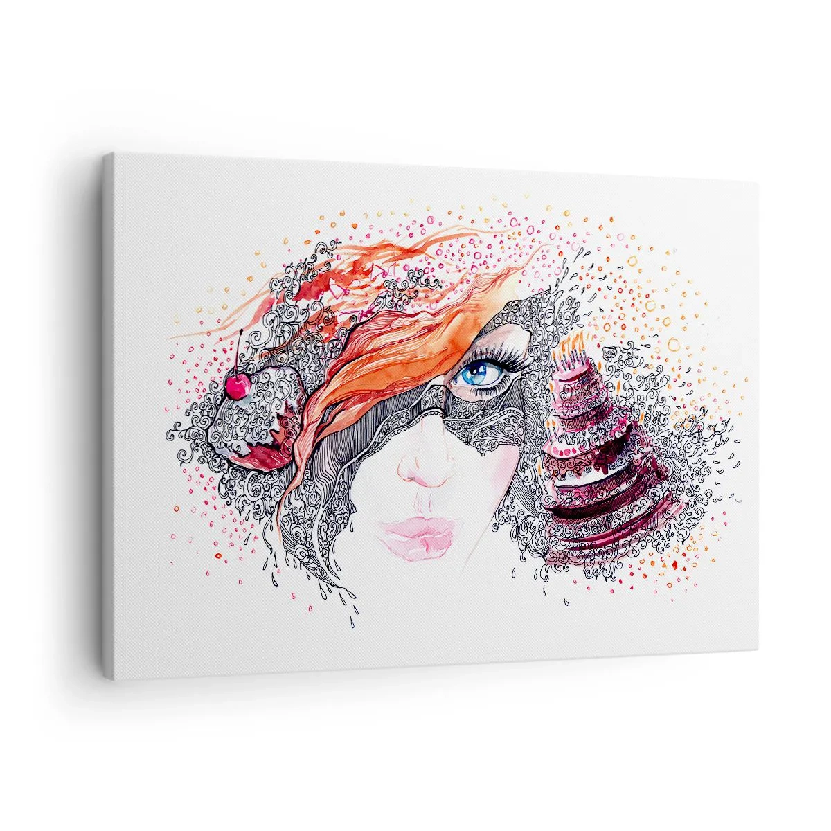 Obraz na plátne - Umelecký portrét ženy s detailmi a červeným akcentom - 70x50cm - S ňou je každý deň sviatok - Moderná nástenná dekorácia do obývacej izby a spálne ARTTOR