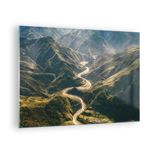 Obraz na skle - Kľukatá cesta vinúca sa cez zelené horské údolia - 70x50cm - Priamo zo srdca hôr - Moderná nástenná dekorácia do obývacej izby a spálne ARTTOR
