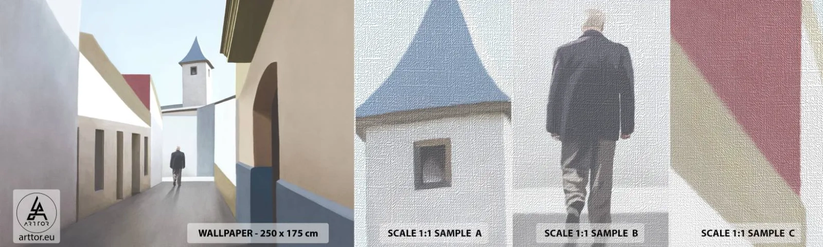 Vzorka fototapety Premium Canvas - Slnečná prechádzka - Pastel, Budovy, Architektúra - 100x30 cm