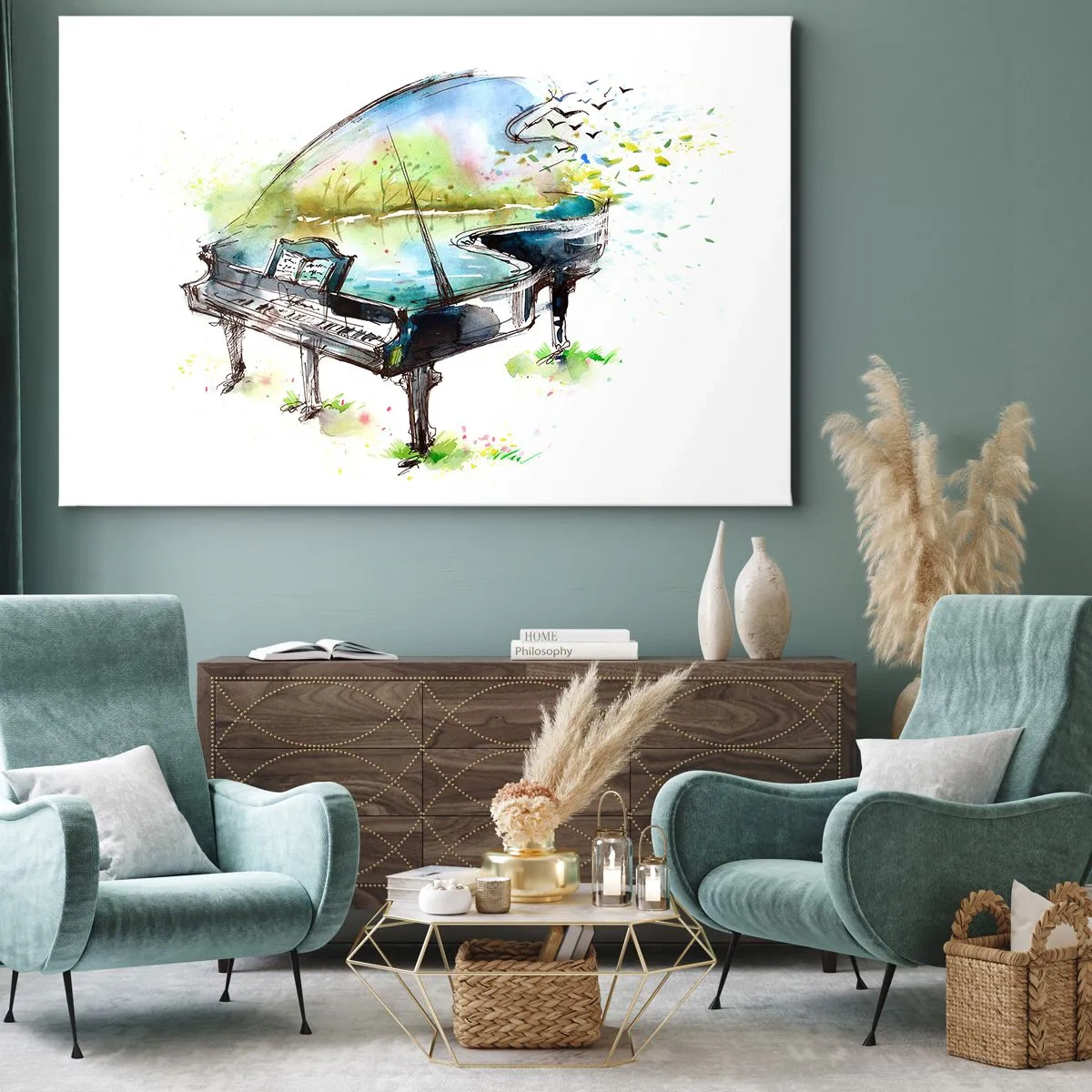 Obraz na plátne - Umelecká akvarelová maľba klavíra s prírodou v pozadí - 70x50cm - Zakliate v hudbe - Moderná nástenná dekorácia do obývacej izby a spálne ARTTOR
