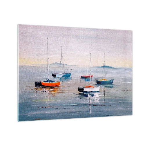 Obraz na skle - Farebné lode unášané pokojnou vodou pri západe slnka - 70x50cm - Zaslúžený odpočinok - Moderná nástenná dekorácia do obývacej izby a spálne ARTTOR