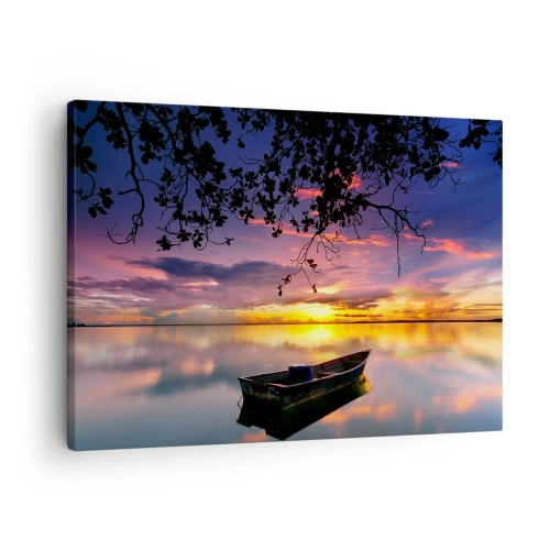 Obraz na plátne - Loď na pokojnej vode pri západe slnka - 70x50cm - „Zdá sa, že visíš uprostred neba…“ - Moderná nástenná dekorácia do obývacej izby a spálne ARTTOR