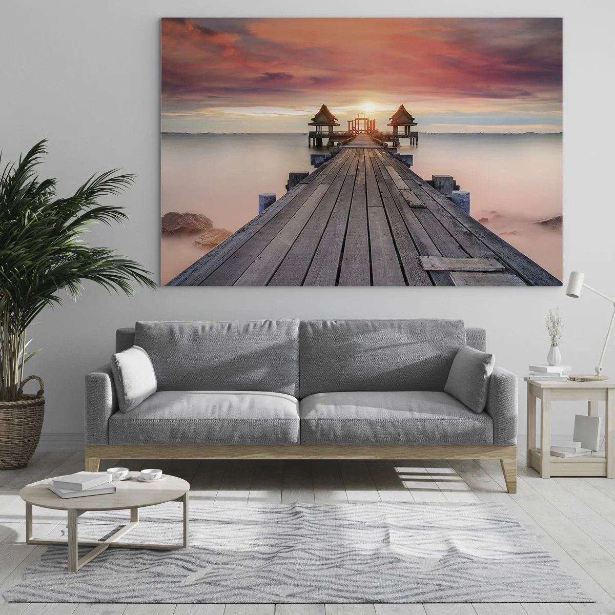 Obraz na skle - Drevené mólo vedúce k altánkom pri vode pri západe slnka - 70x50cm - Západ na východe - Moderná nástenná dekorácia do obývacej izby a spálne ARTTOR