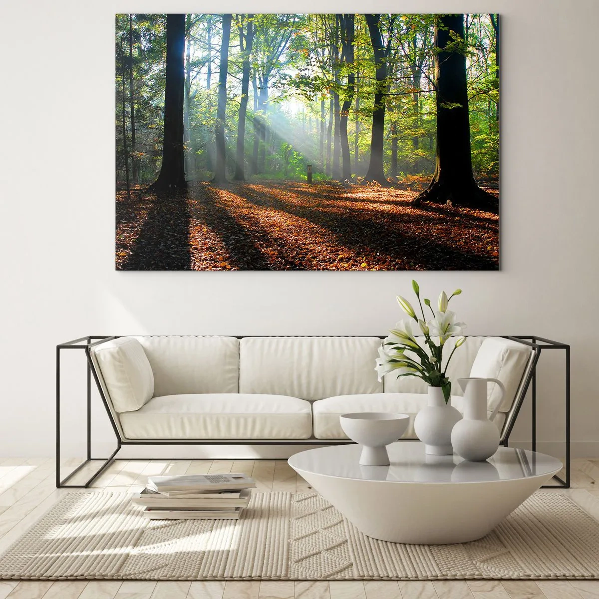 Obraz na skle - Les v lúčoch slnka v jesennej scenérii - 70x50cm - Svetlá a tiene - Moderná nástenná dekorácia do obývacej izby a spálne ARTTOR