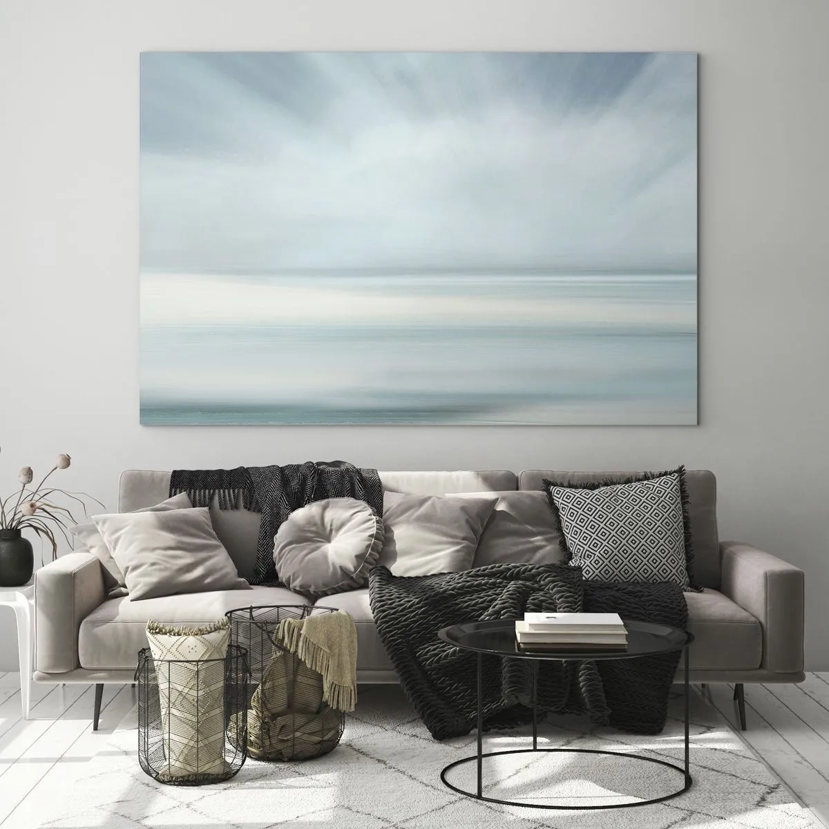 Obraz na skle - Rozmazaná abstrakcia v odtieňoch modrej, bielej a sivej - 70x50cm - Kľud až kam oko siaha - Moderná nástenná dekorácia do obývacej izby a spálne ARTTOR