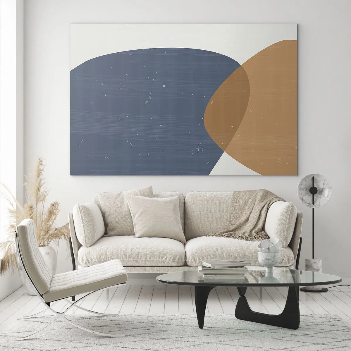 Obraz na skle - Geometrická kompozícia s tmavomodrými a béžovými oválmi - 70x50cm - Ovály a vplyvy - Moderná nástenná dekorácia do obývacej izby a spálne ARTTOR