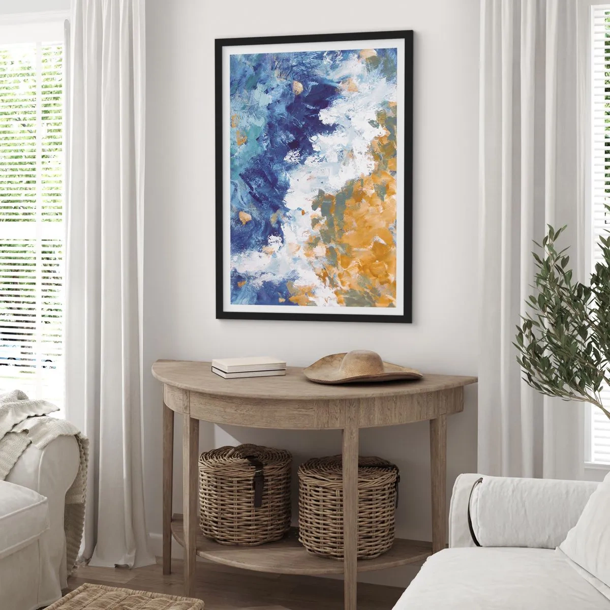 Plagát v čiernom ráme - Abstraktná kompozícia v odtieňoch modrej, bielej a zlatej. - 50x70cm - Tanec živlov - Moderná nástenná dekorácia do obývacej izby a spálne ARTTOR