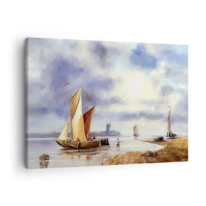 Obraz na plátne - Plachetnice na pokojnej vode s veternými mlynmi v pozadí - 70x50cm - Návrat námorníkov - Moderná nástenná dekorácia do obývacej izby a spálne ARTTOR
