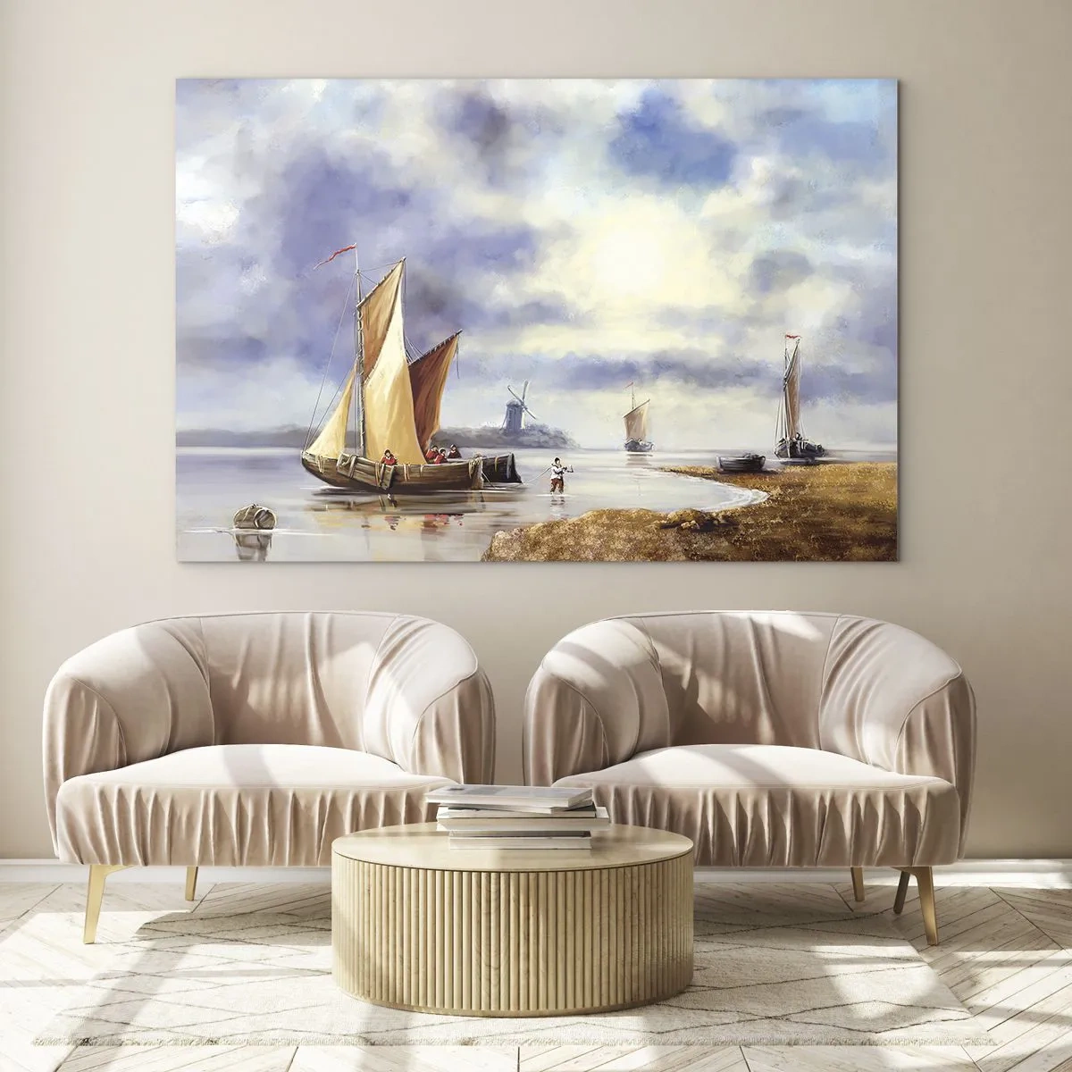 Obraz na skle - Plachetnice na pokojnom jazere s veternými mlynmi v pozadí - 70x50cm - Návrat námorníkov - Moderná nástenná dekorácia do obývacej izby a spálne ARTTOR