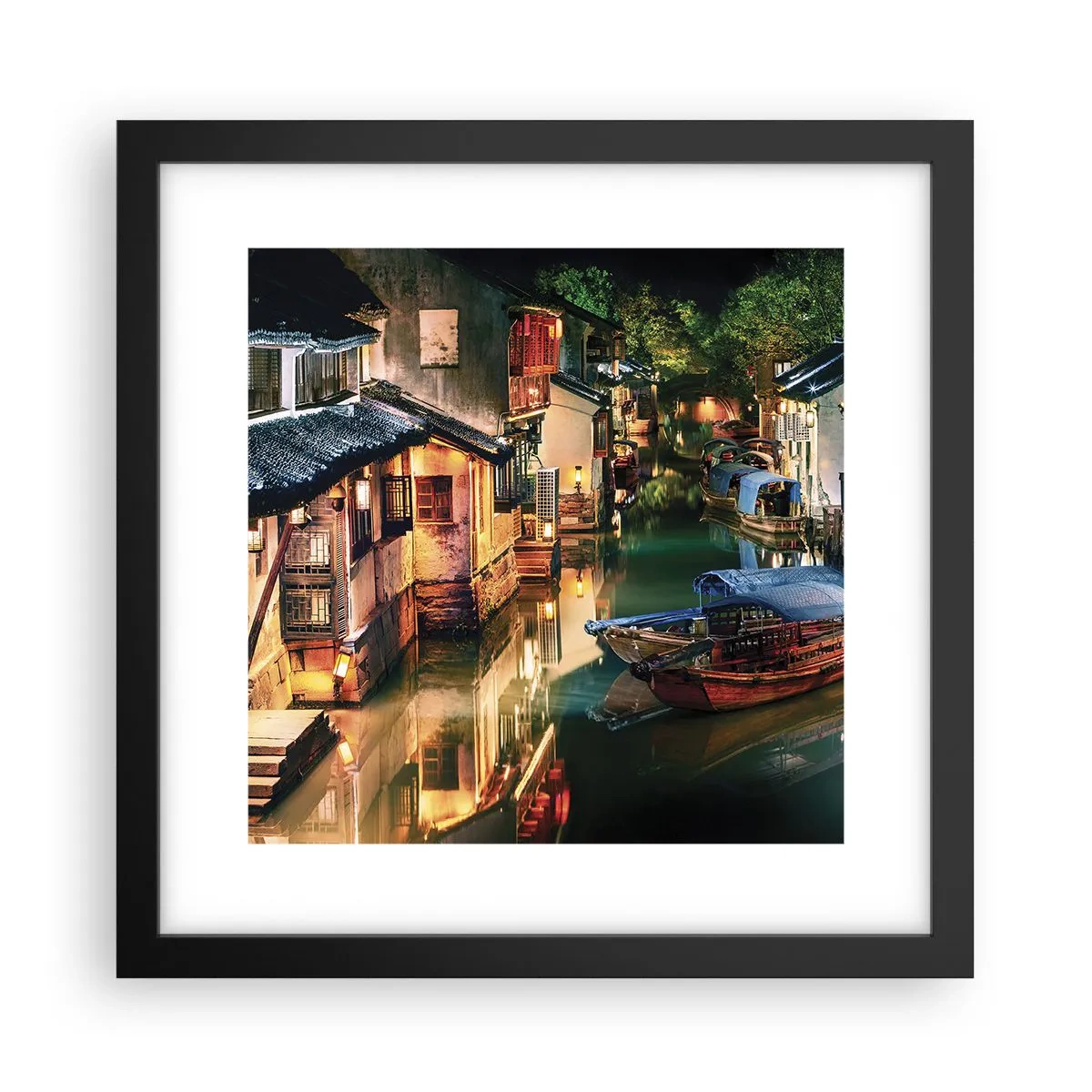 Plagát v čiernom ráme - Večer na čínskej ulici - 30x30 cm