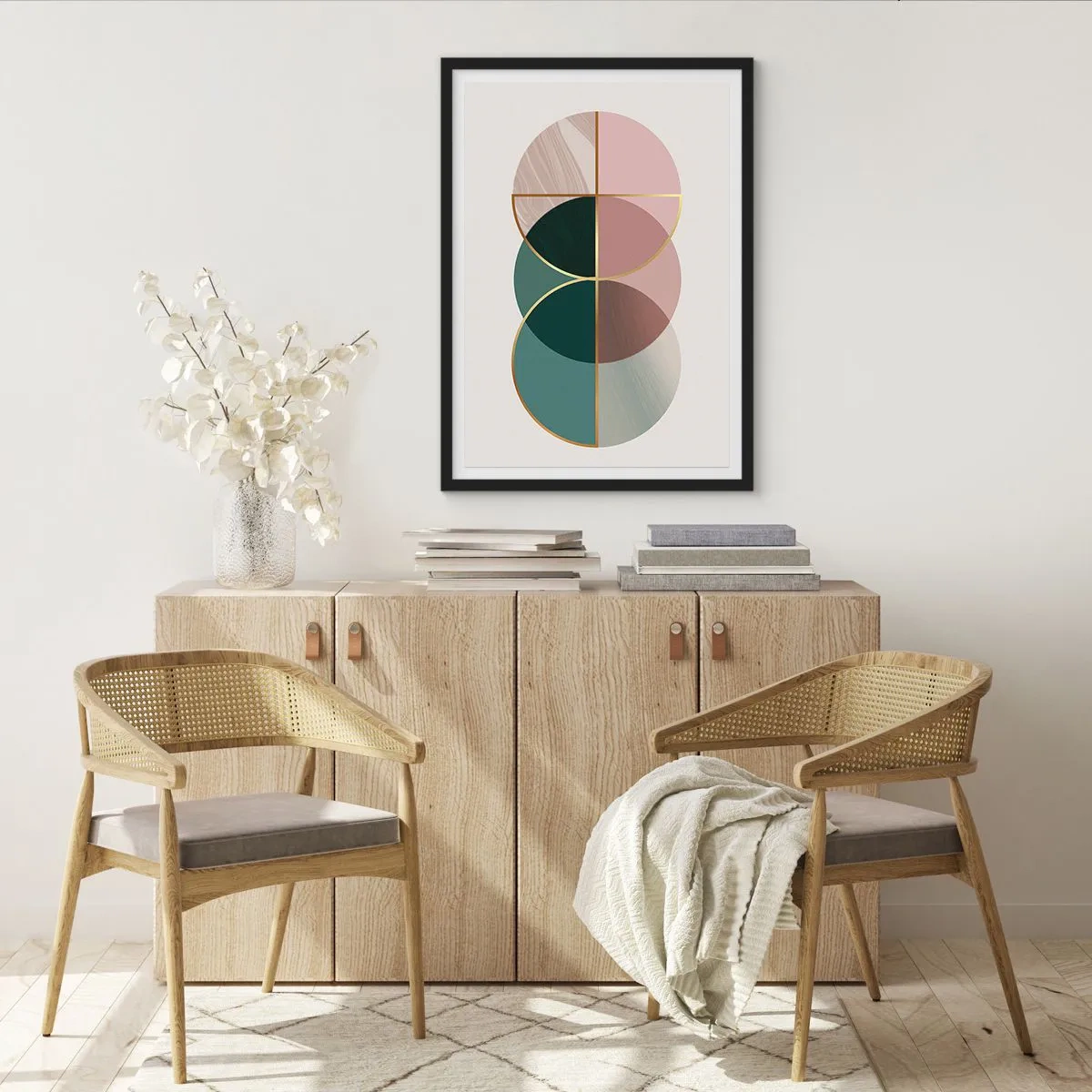 Plagát v čiernom ráme - Abstraktná geometrická kompozícia s kruhmi a zlatom - 50x70cm - Kolesá… - Moderná nástenná dekorácia do obývacej izby a spálne ARTTOR