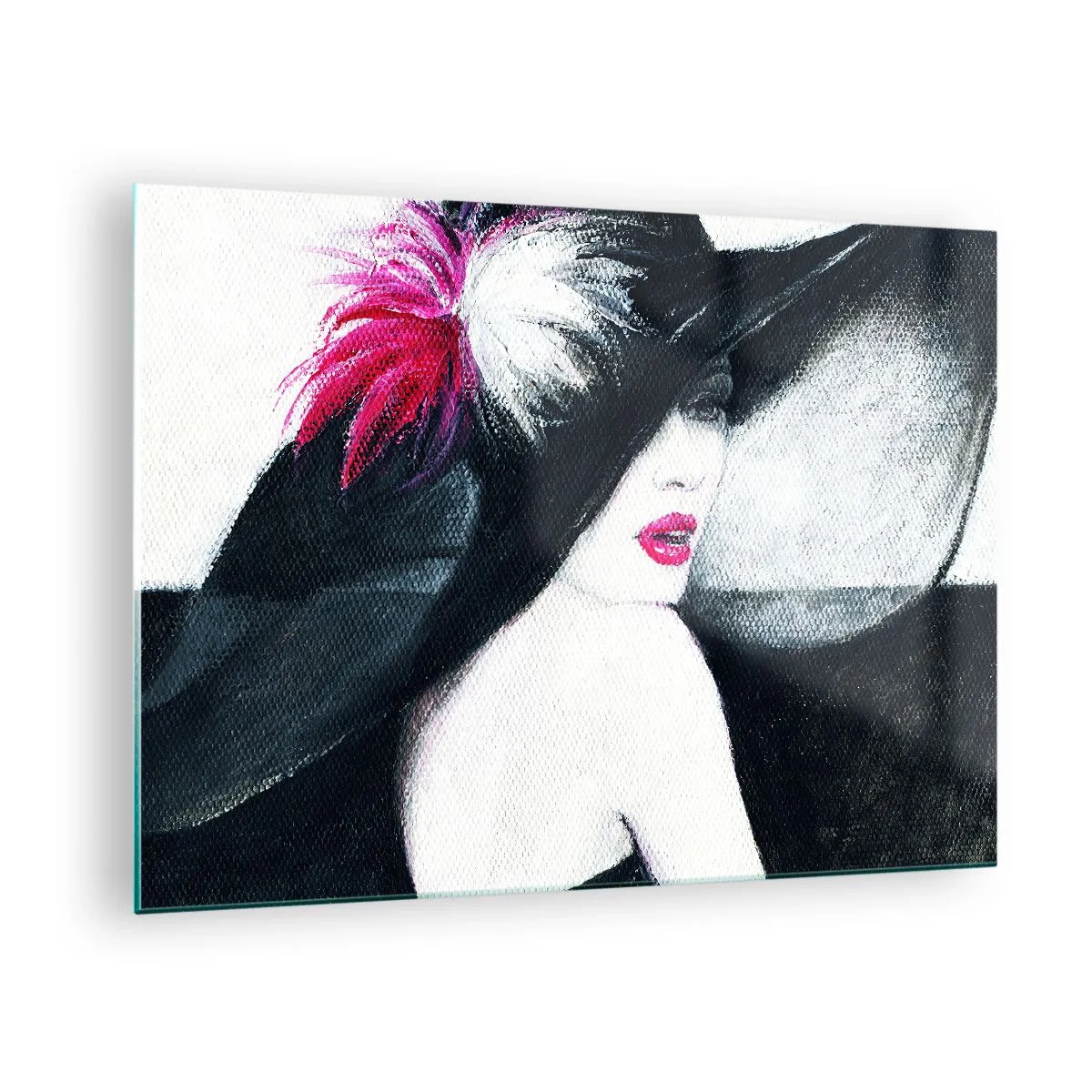 Obraz na skle - Portrét ženy vo veľkom klobúku s ružovým perom - 70x50cm - Vždy tajomstvo - Moderná nástenná dekorácia do obývacej izby a spálne ARTTOR