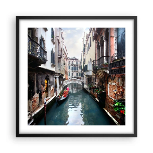 Plagát v čiernom ráme - Benátska krajina s gondolou a mostíkom - 50x50 cm
