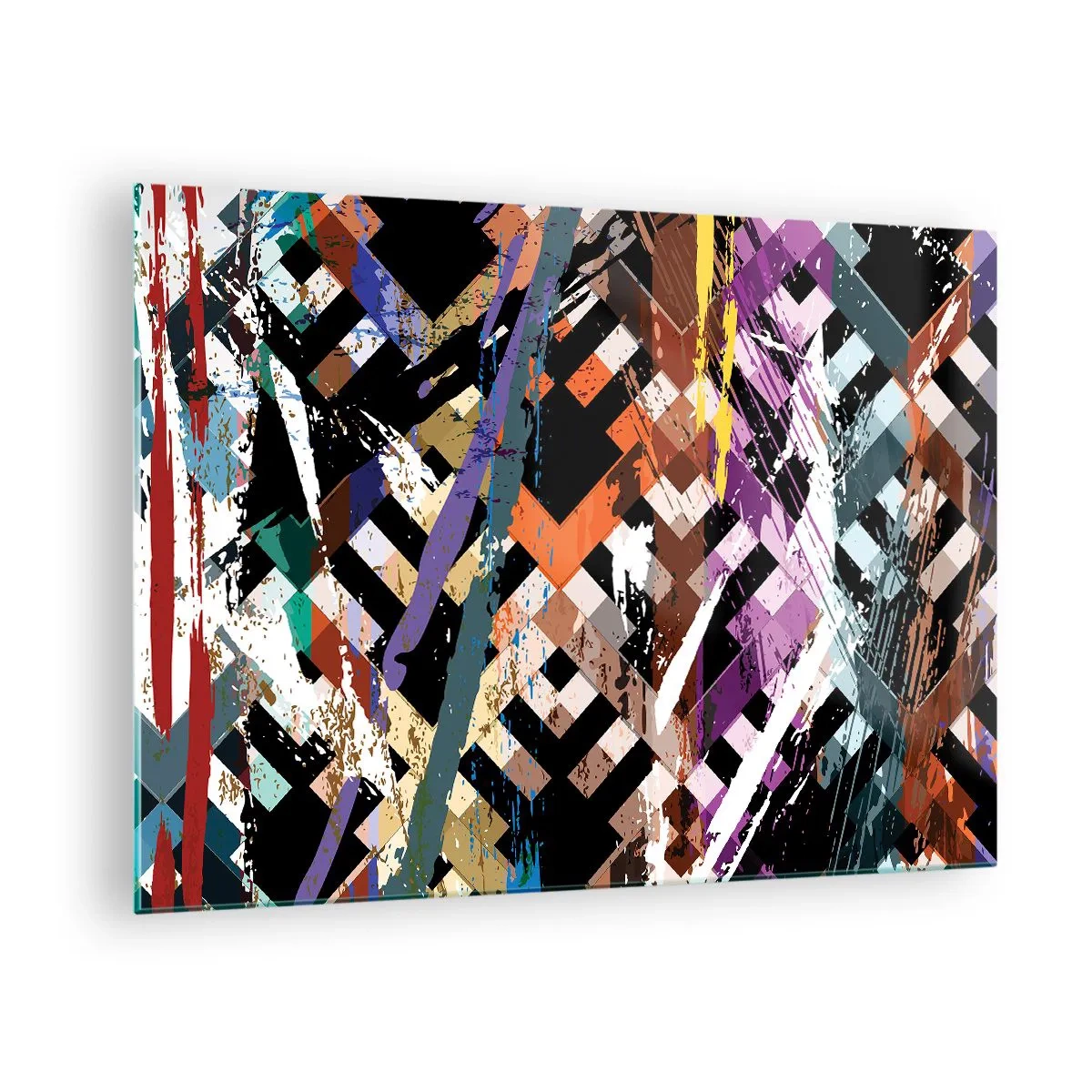 Obraz na skle - Abstraktná kompozícia s geometrickými vzormi a intenzívnymi farbami. - 70x50cm - Umocnené na druhú - Moderná nástenná dekorácia do obývacej izby a spálne ARTTOR