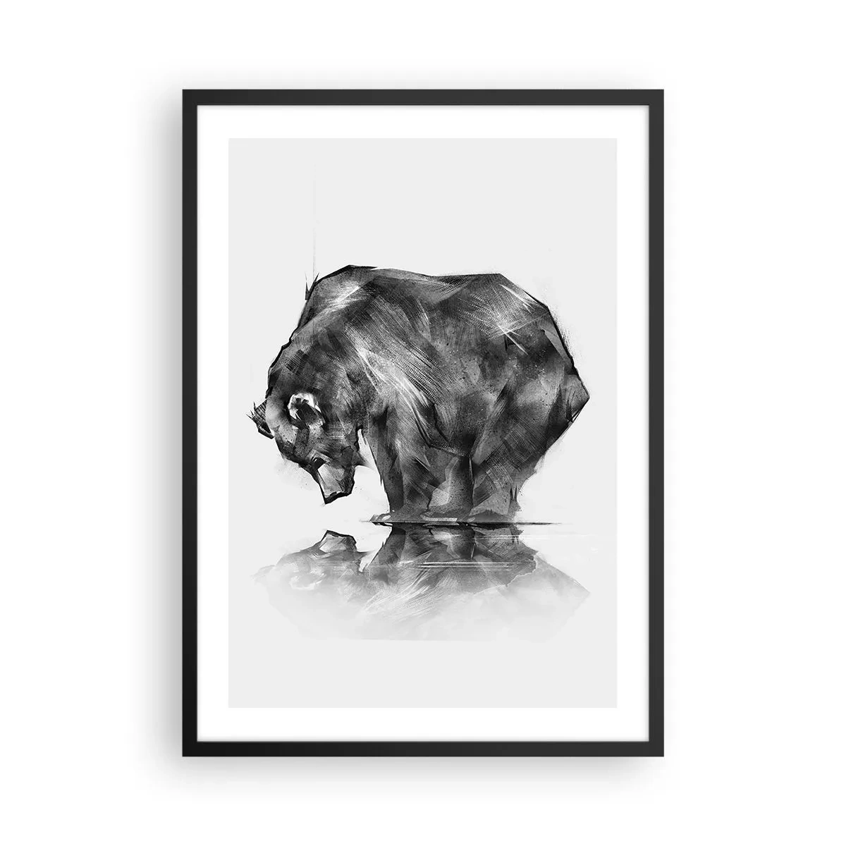 Plagát v čiernom ráme - Geometrický obraz medveďa pri vode - 50x70cm - Je príjemné sa stretnúť s niekým blízkym - Moderná nástenná dekorácia do obývacej izby a spálne ARTTOR
