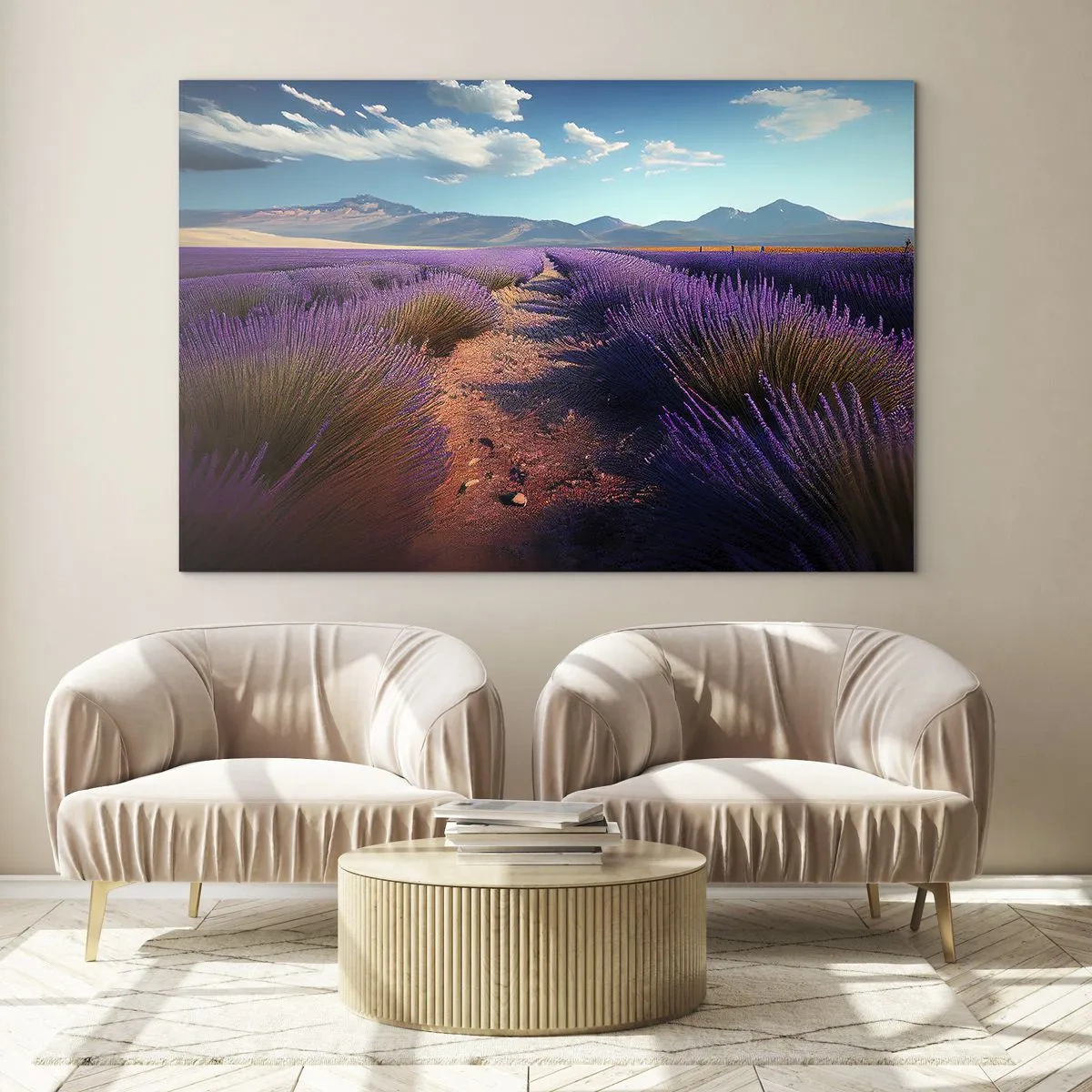 Obraz na skle - Levanduľové polia pri západe slnka s výhľadom na hory - 70x50cm - Voňavé polia - Moderná nástenná dekorácia do obývacej izby a spálne ARTTOR
