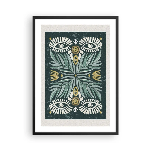Plagát v čiernom ráme - Symetrický vzor s listami a očami na tmavom pozadí - 50x70cm - Ako ľudová vystrihovačka - Moderná nástenná dekorácia do obývacej izby a spálne ARTTOR