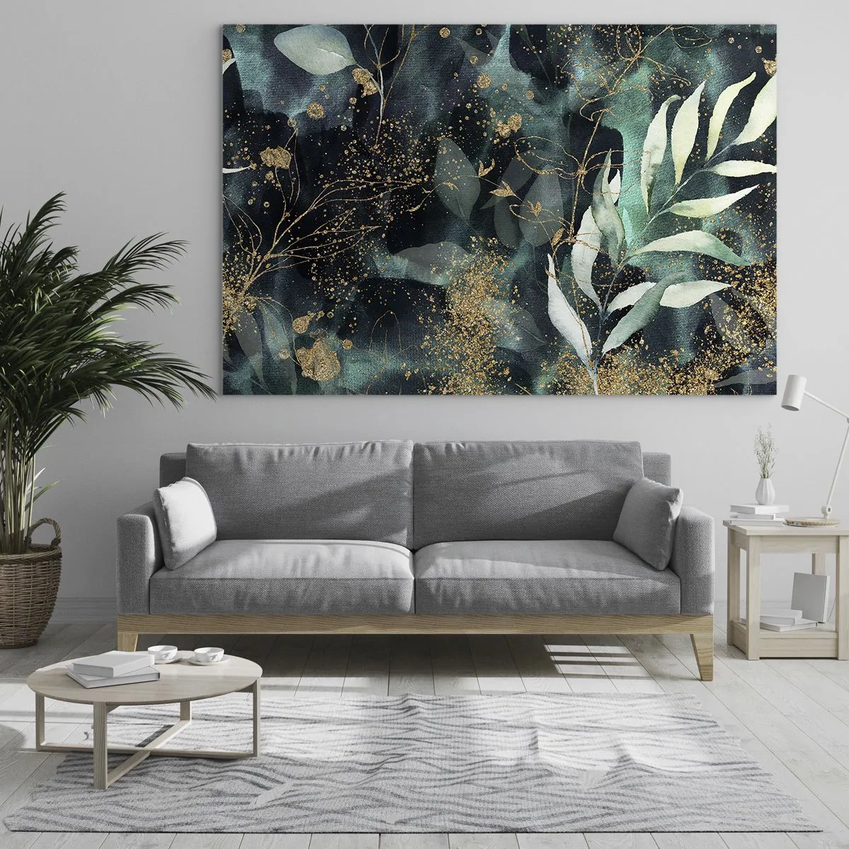 Obraz na skle - Zlaté a zelené listy na tmavom pozadí - 70x50cm - Kúzelná záhrada - Moderná nástenná dekorácia do obývacej izby a spálne ARTTOR