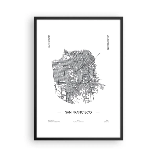Plagát v čiernom ráme - Minimalistická mapa San Francisca v čiernobielej farbe. - 50x70cm - Anatómia San Francisca - Moderná nástenná dekorácia do obývacej izby a spálne ARTTOR
