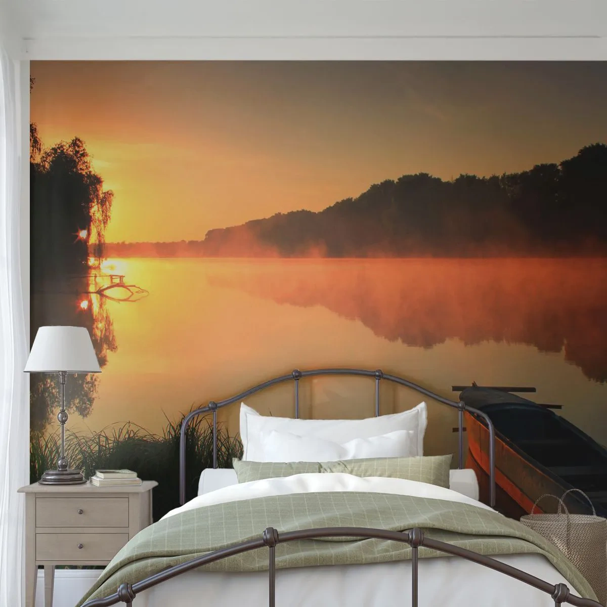 Samolepiaca Fototapeta Deluxe Sticker - Východ slnka pri vode ako povrch zrkadla - Krajina, Jazero, ráno - 250x175 cm