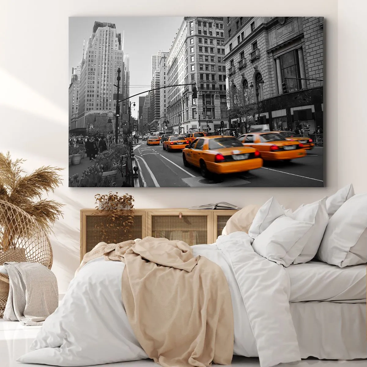 Obraz na plátne - Žlté taxíky v uliciach New Yorku - 70x50cm - Slnko veľkomesta - Moderná nástenná dekorácia do obývacej izby a spálne ARTTOR
