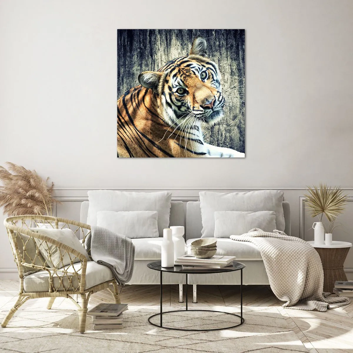 Obraz na skle - Portrét v prameňoch svetla - 70x70 cm