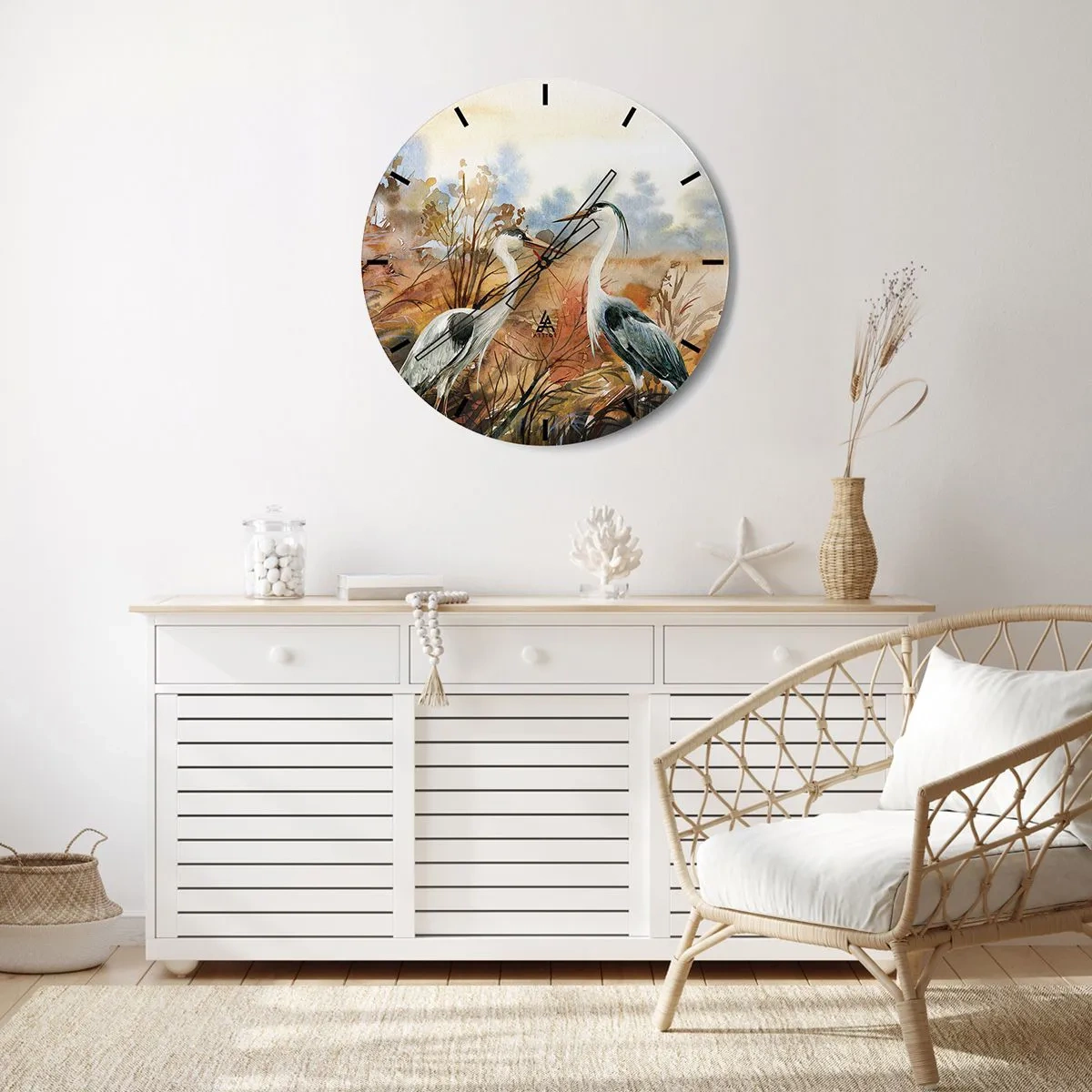 Nástenné hodiny - Dva žeriavy v jesennej akvarelovej krajine - 30x30cm - Kam na jeseň? - Moderná nástenná dekorácia do obývacej izby, kuchyne a spálne ARTTOR