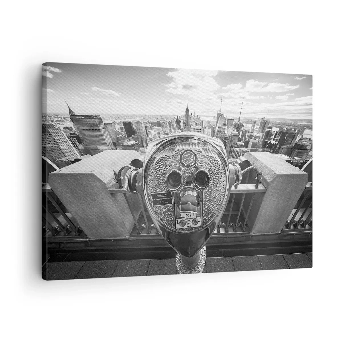 Obraz na plátne - Monochromatický pohľad cez ďalekohľad na panorámu mesta - 70x50cm - Mesto nad mestami - Moderná nástenná dekorácia do obývacej izby a spálne ARTTOR