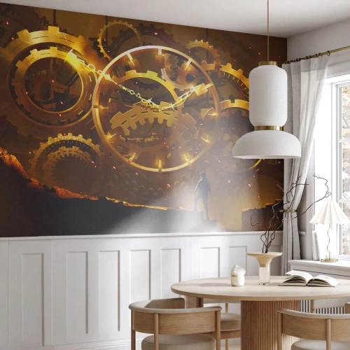 Fototapeta Standard Eco - Zlaté hodinové mechanizmy s postavou v pozadí v steampunk štýle - 100x70cm - Pri zdrojoch času - Moderná nástenná dekorácia do obývacej izby a spálne ARTTOR