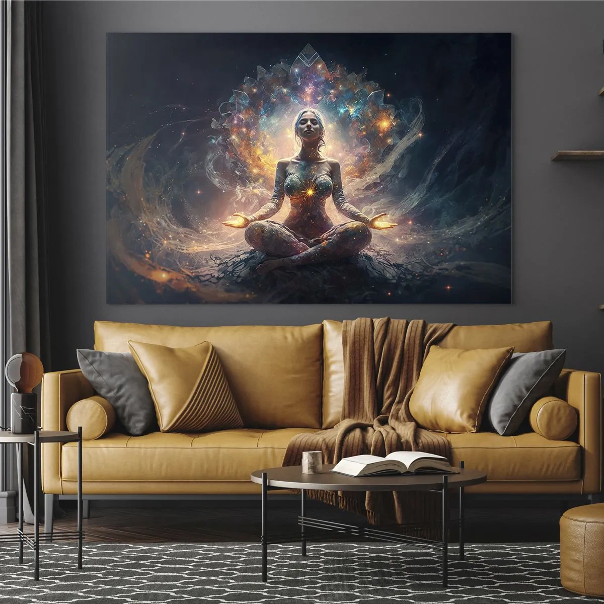 Obraz na skle - Meditujúca žena v žiarivej aure energie a farieb - 70x50cm - Prúdenie dobrej energie - Moderná nástenná dekorácia do obývacej izby a spálne ARTTOR